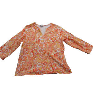 Denim‎ & Co Shirt Womens Medium Orange Yellow Paisley 3/4 Sleeve Pullover Top